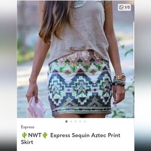 Express Sequin Aztec Mini Skirt - Green, Pink, and White.Strechy.